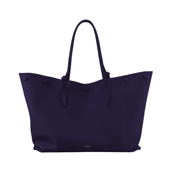 Elegant dark blue leather tote bag with thin straps