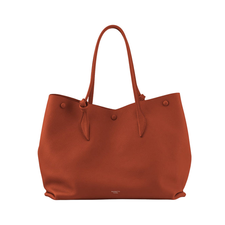 Elegant orange leather tote bag with dual handles and minimalist design