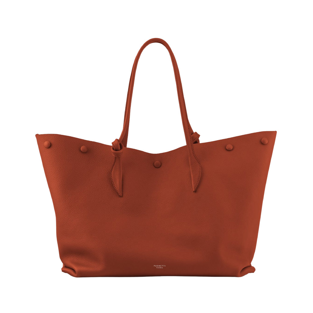 Elegant brown leather tote bag with handles and button details