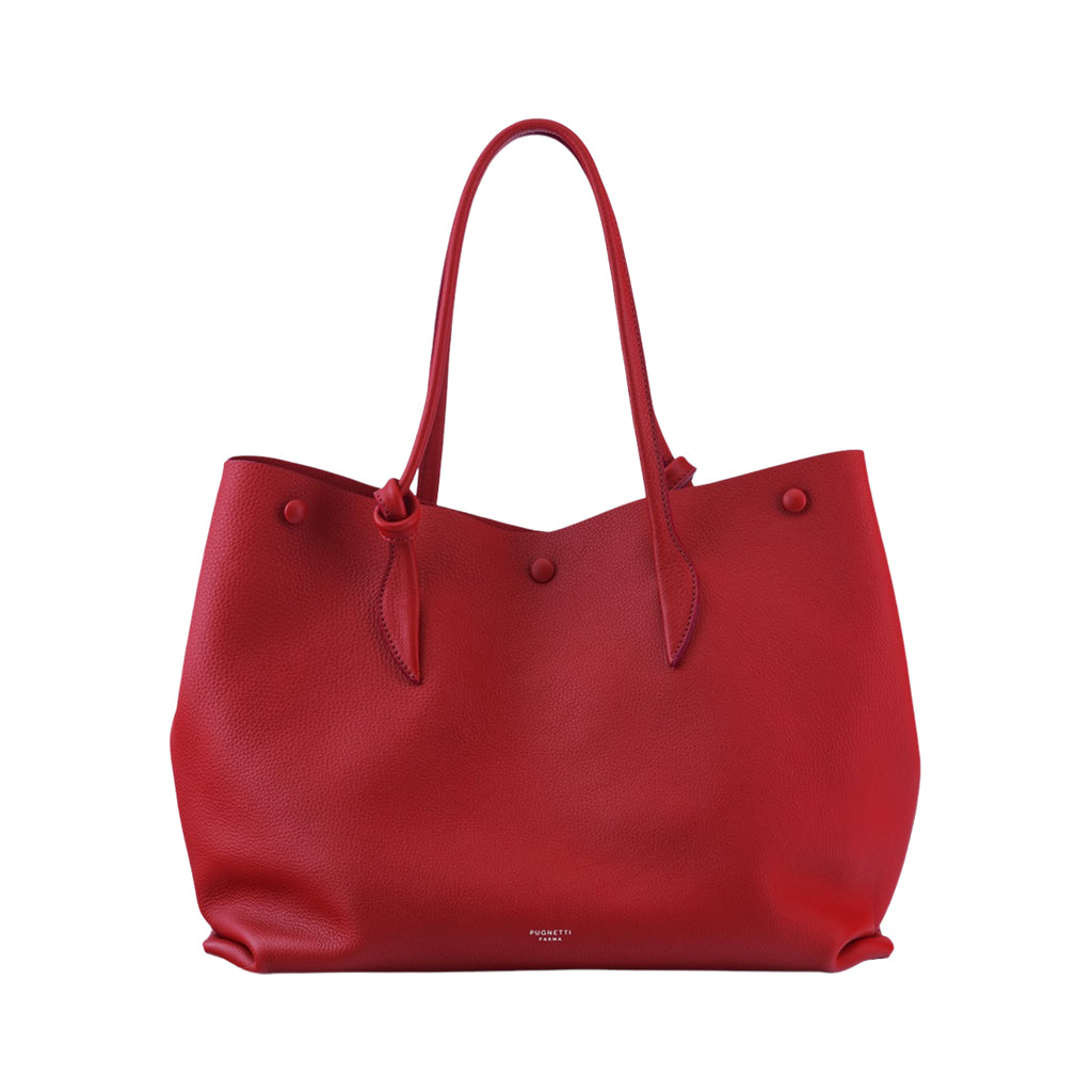 Red leather tote handbag with button detailing and shoulder straps