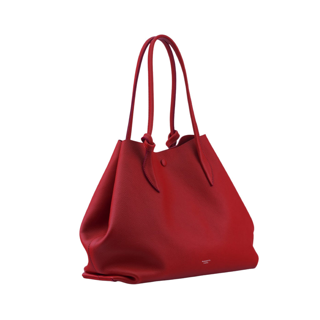 Red leather tote bag with long handles