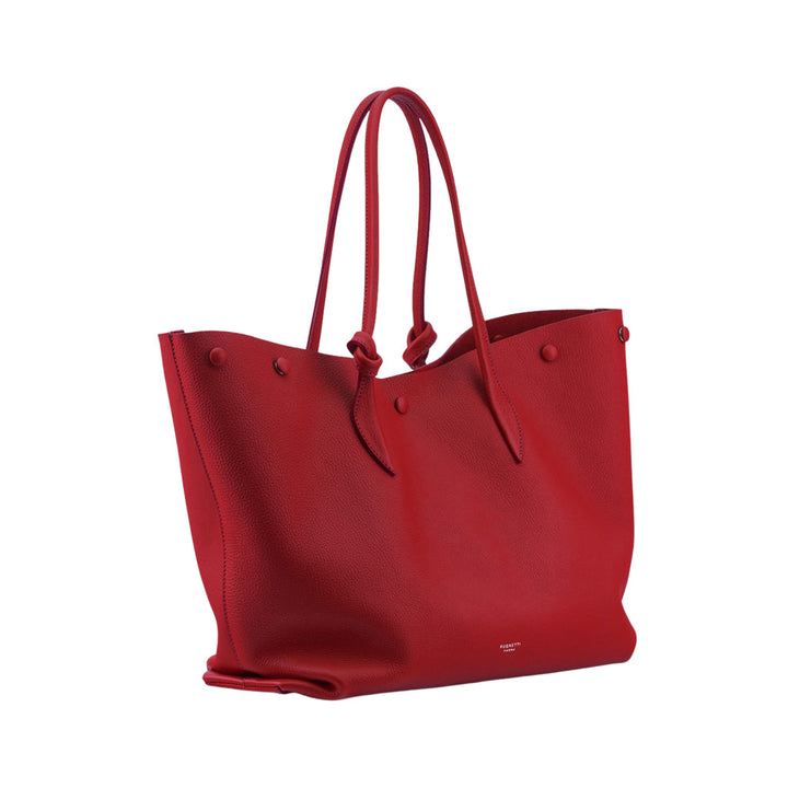 Red leather tote bag with double handles and button details