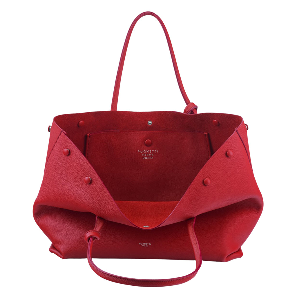 Red leather handbag with open top and inner pocket