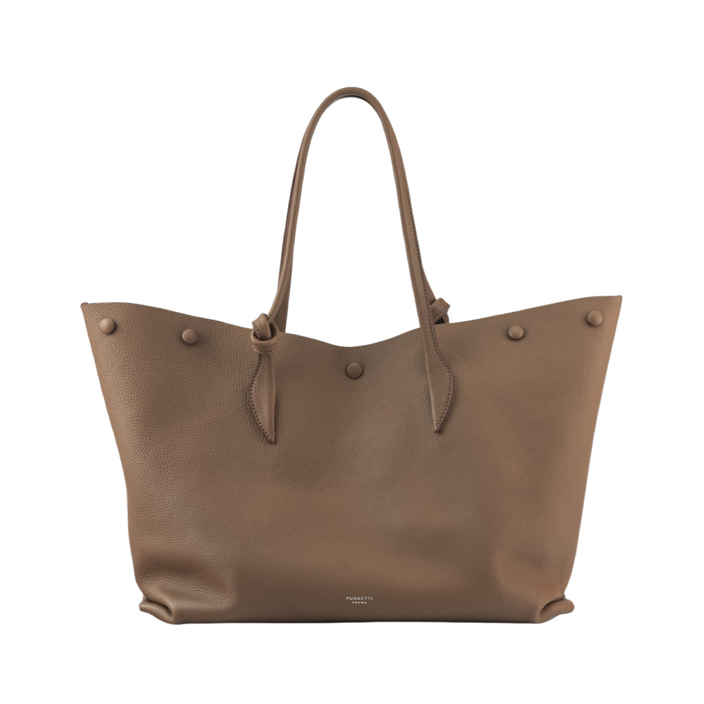 Brown leather tote bag with minimalist design and long handles