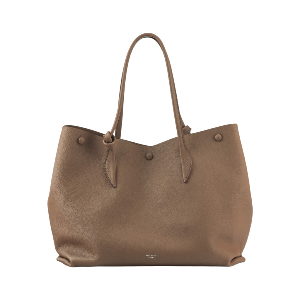 Brown leather handbag with double handles and button details