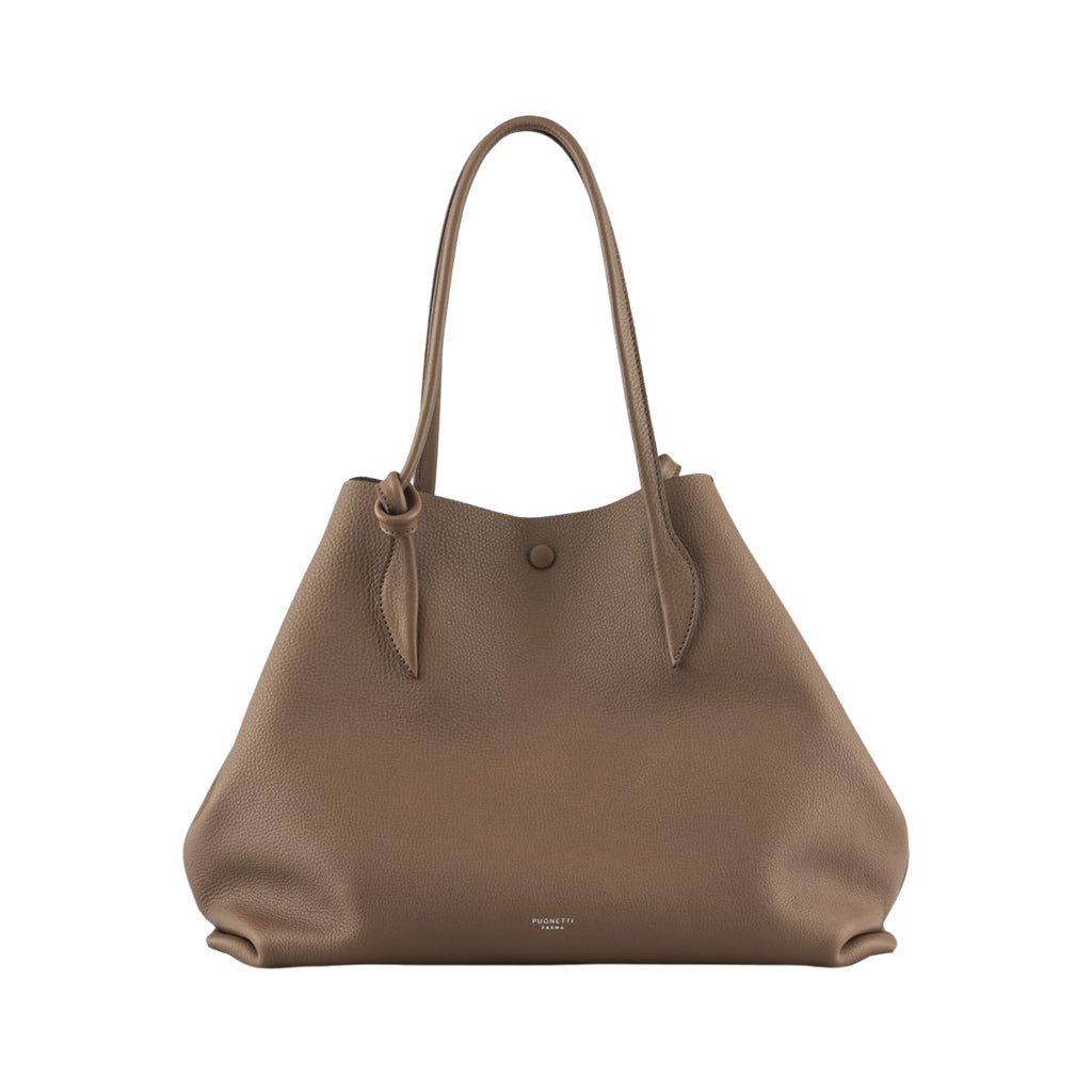 Elegant brown leather tote bag with double handles