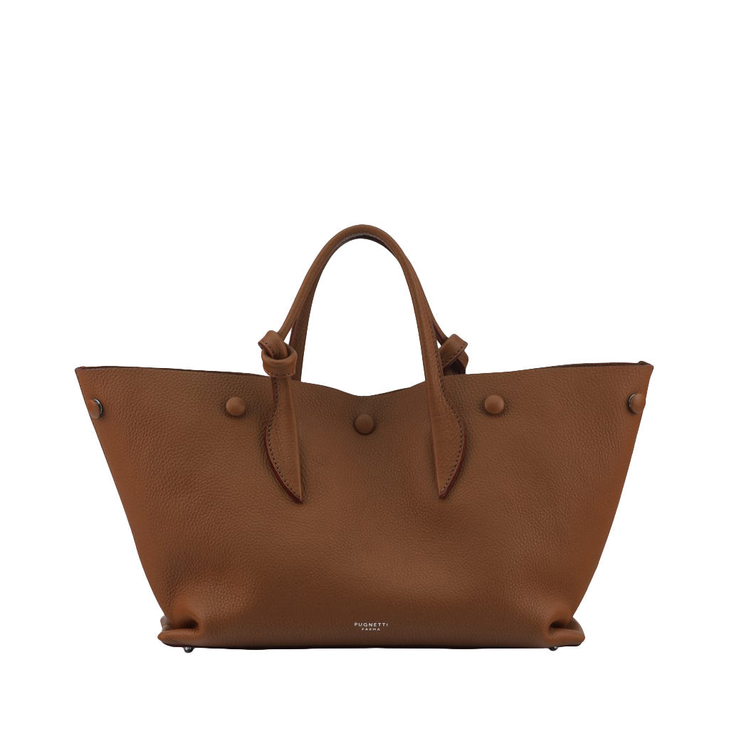 Brown leather handbag with top handles and button details