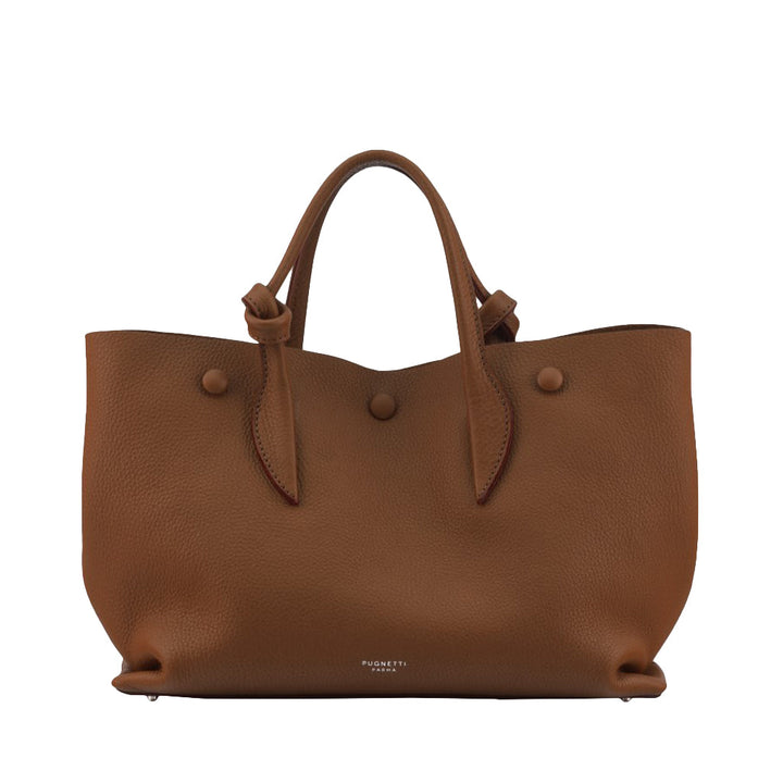 Brown leather handbag with short handles and button details