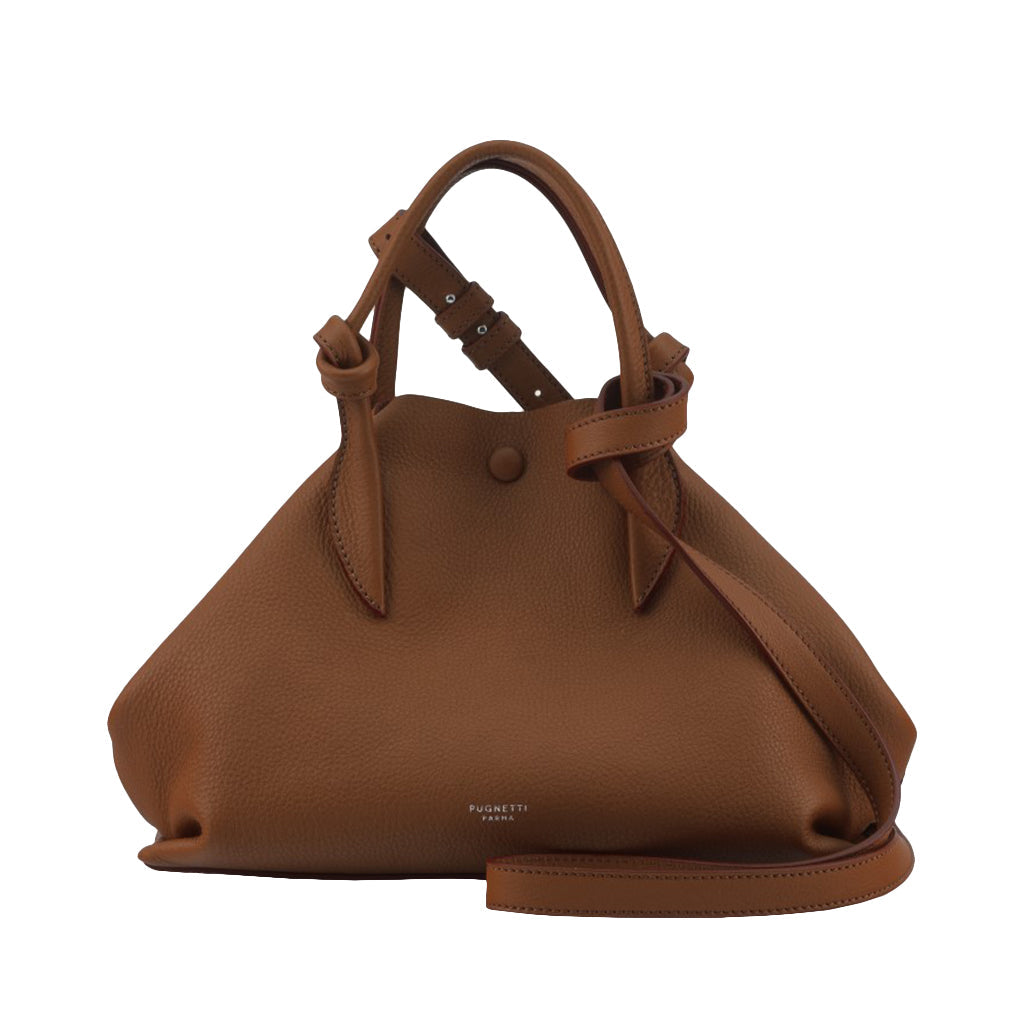 Brown leather handbag with top handle and adjustable strap