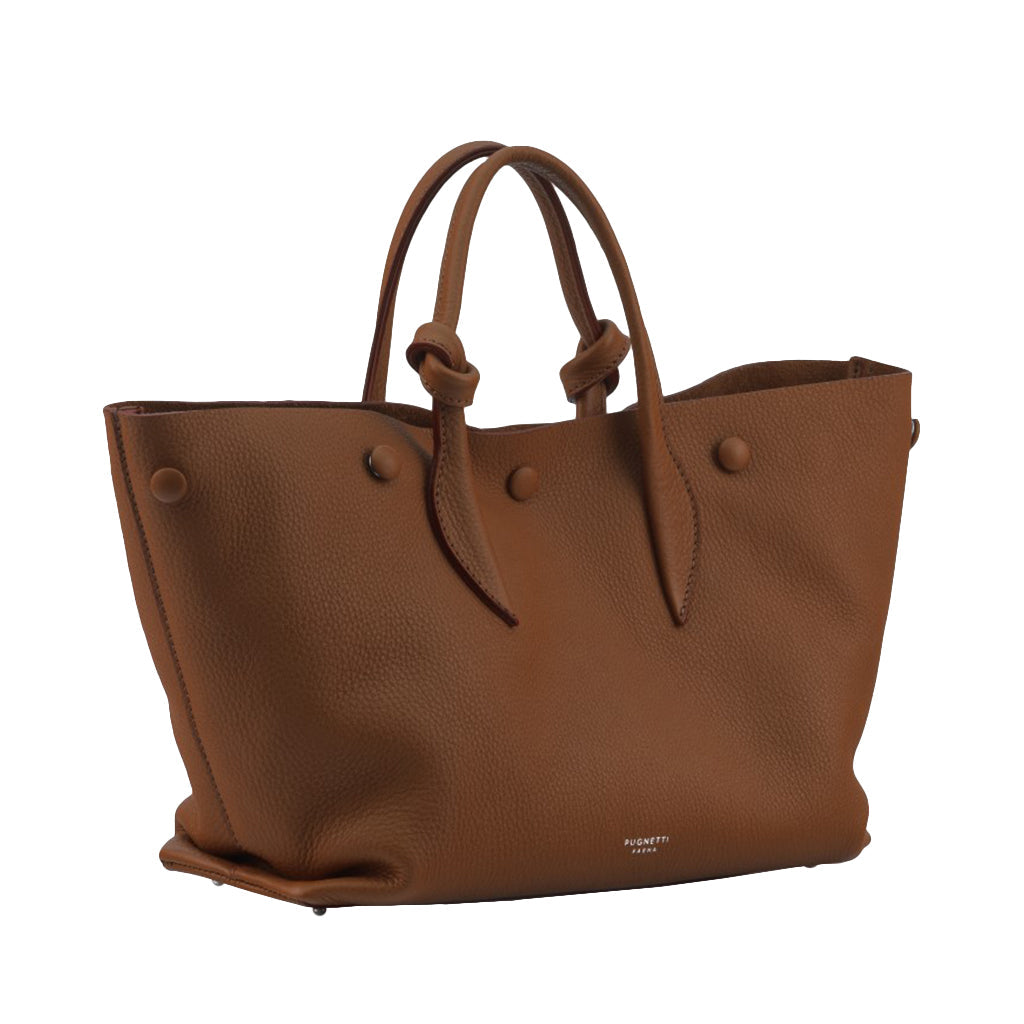 Brown leather tote bag with double handles and button details