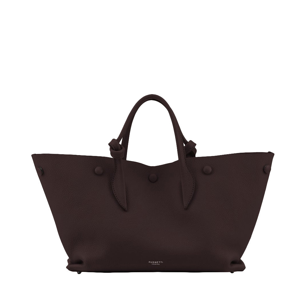 Dark brown leather tote handbag with handles and button accents