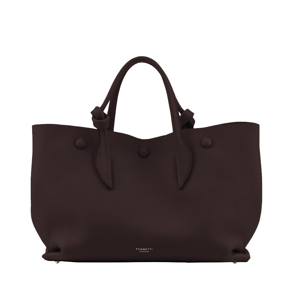 Elegant dark brown leather tote bag with handles