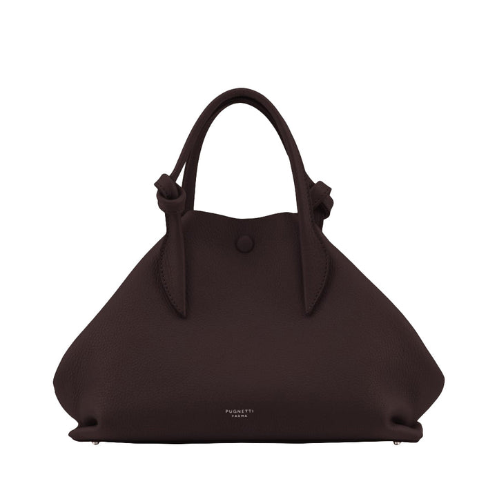 Luxurious dark brown leather handbag with elegant knotted handles and button closure