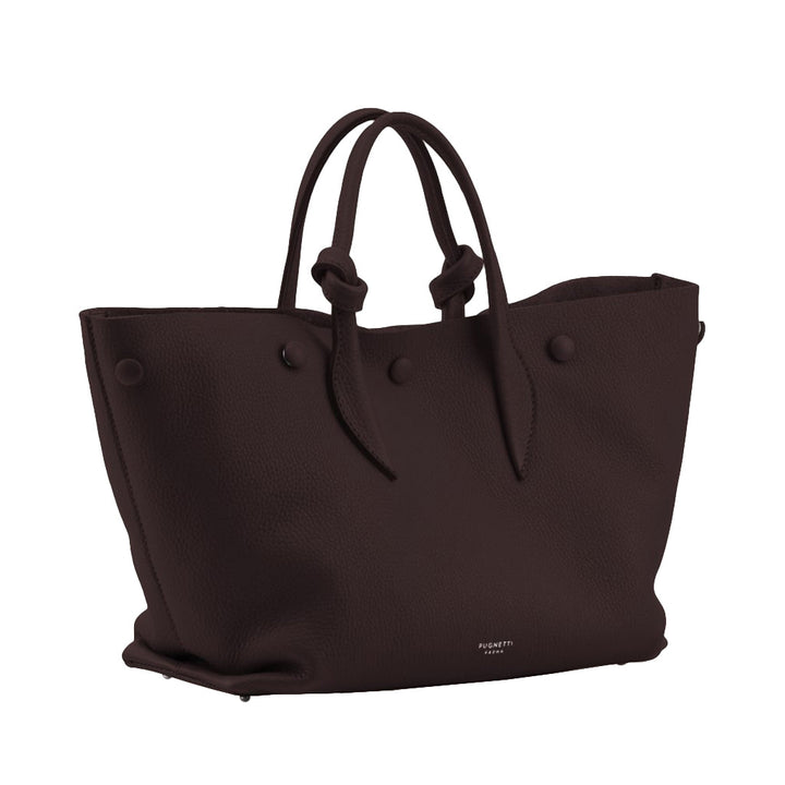 Dark brown leather tote bag with knotted handles and button details