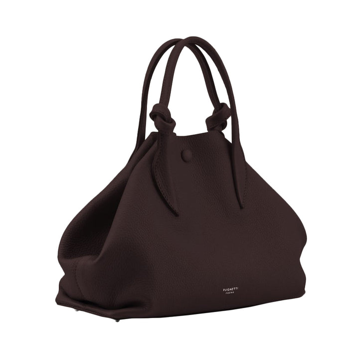 Dark brown luxury leather handbag with minimalist design and top handles