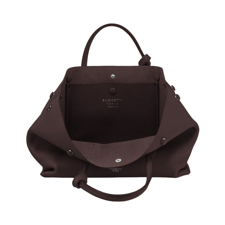 Open Pugnetti Parma dark brown leather handbag with top handle and metal hardware