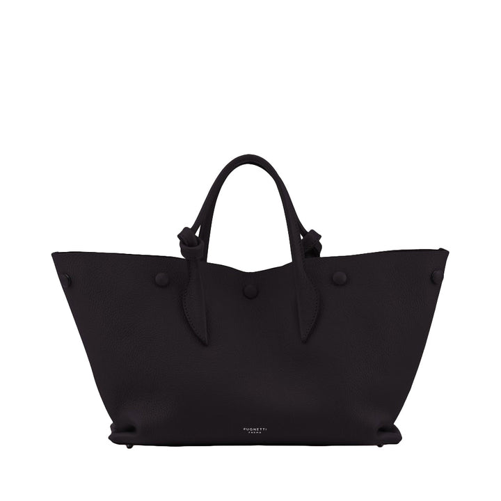 Elegant black leather tote bag with double handles and a sleek modern design