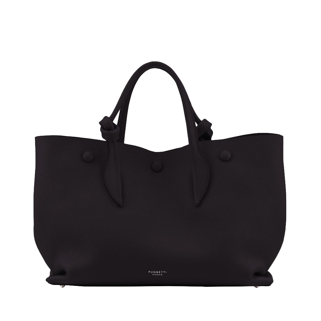 Black leather tote bag with dual handles and minimalist design