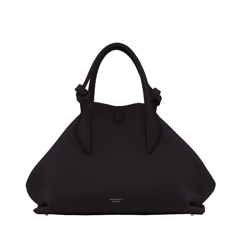 Elegant black leather handbag with a minimalist design and top handles