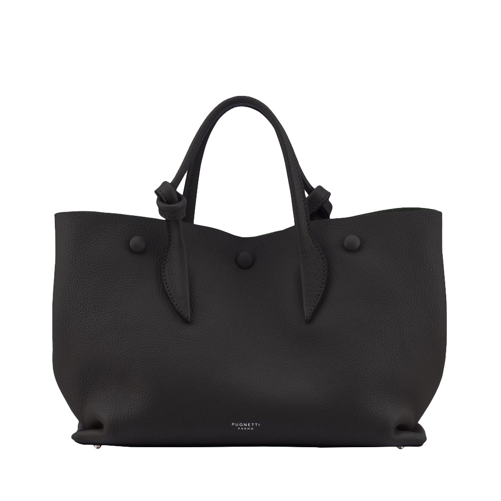 Black leather tote bag with dual handles and minimalist design