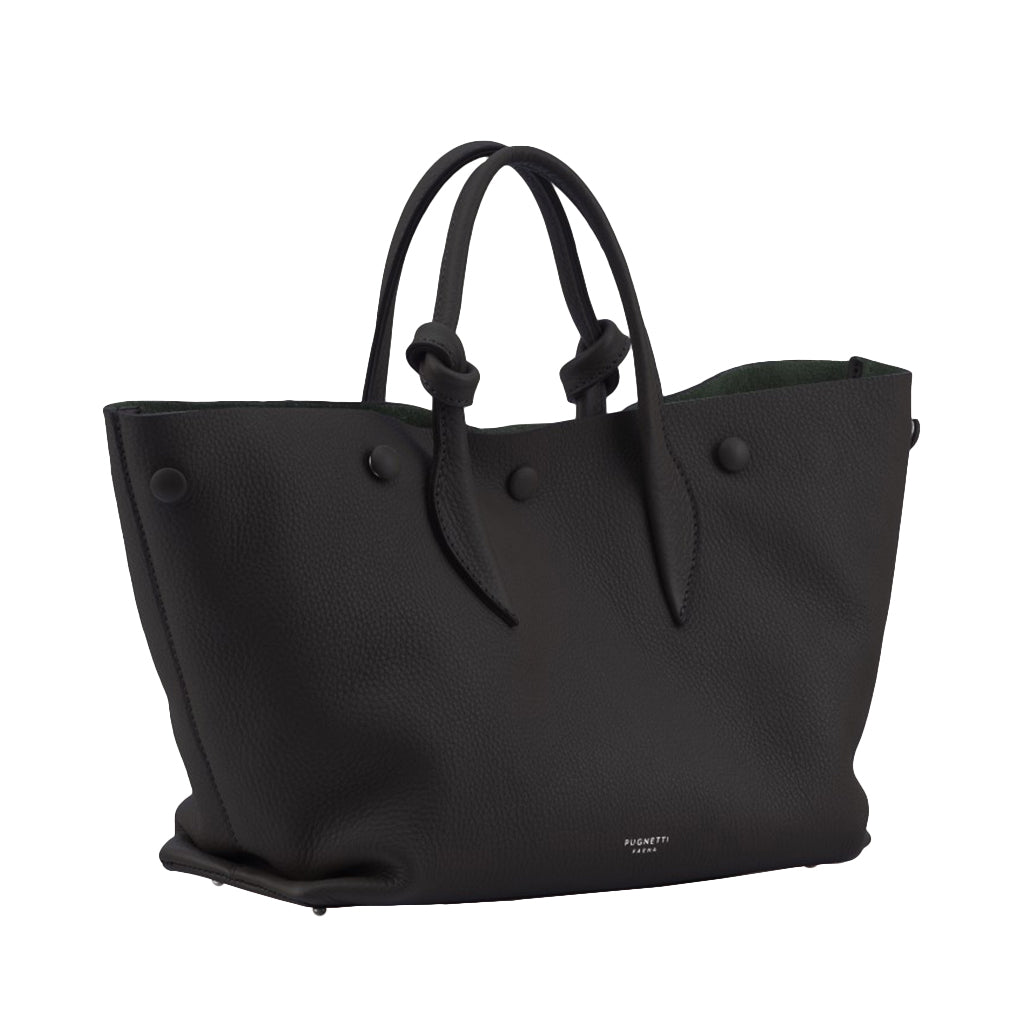 Black leather tote bag with knot handles