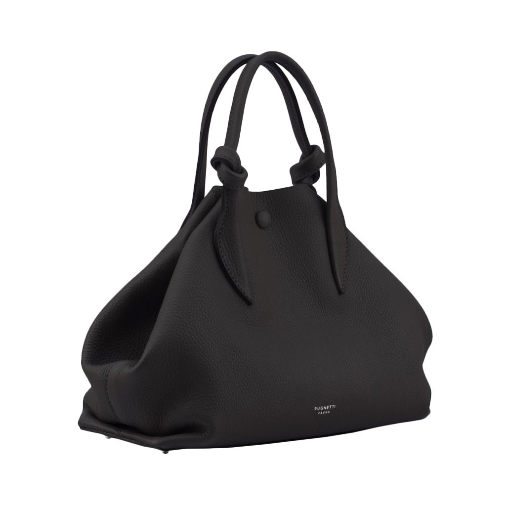 Elegant black leather handbag with top handles and minimalist design