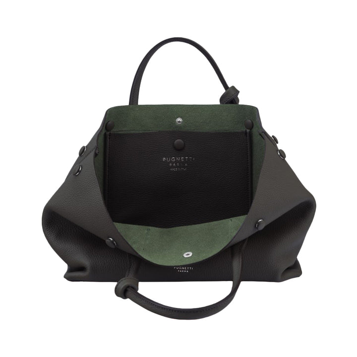 Open black leather handbag with green interior and top handle