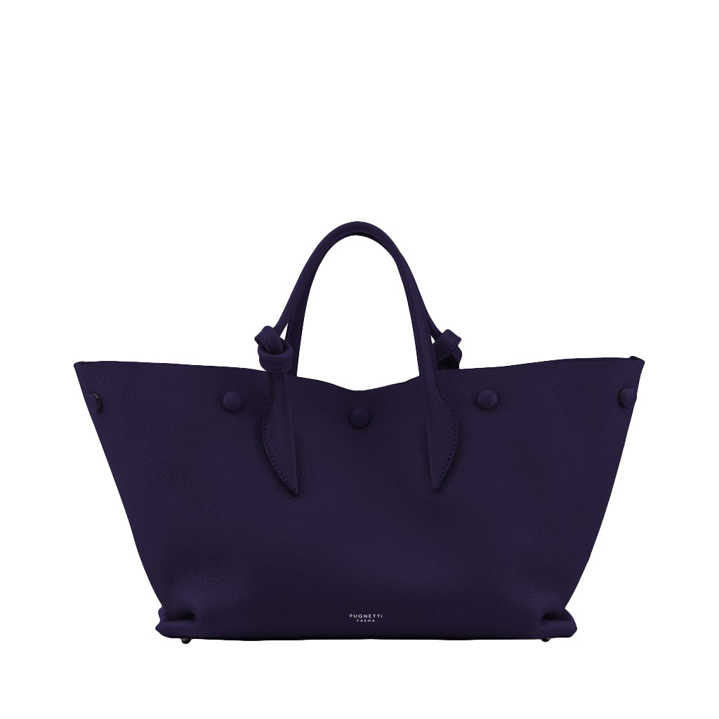 Elegant purple handbag with top handles and button details