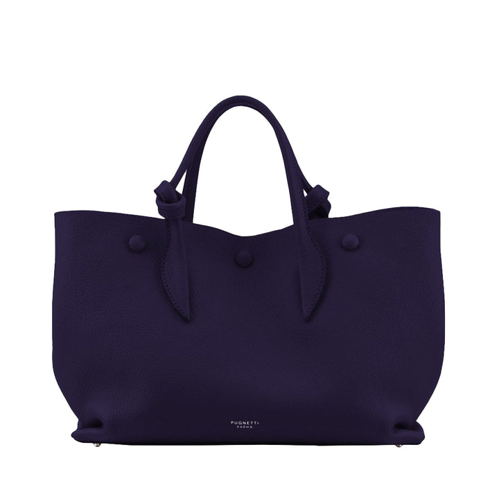 Purple leather handbag with handles and a minimalist design