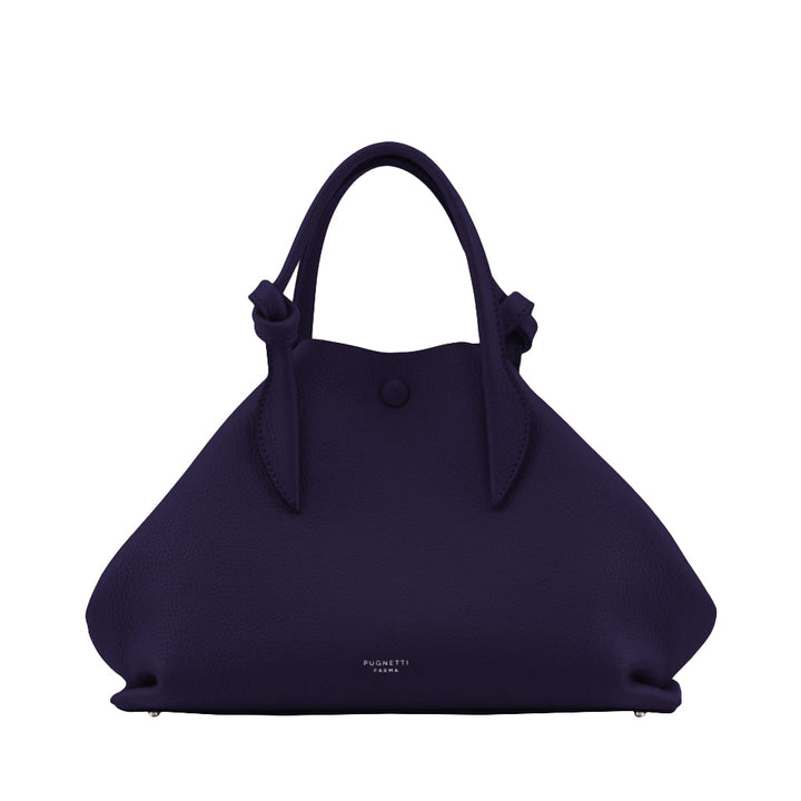 Elegant purple designer handbag with knotted handles and button detail