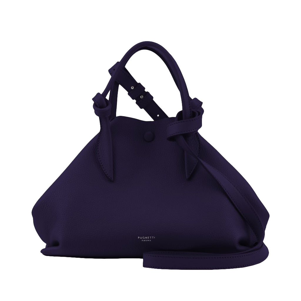 Elegant dark purple leather handbag with knotted handle design
