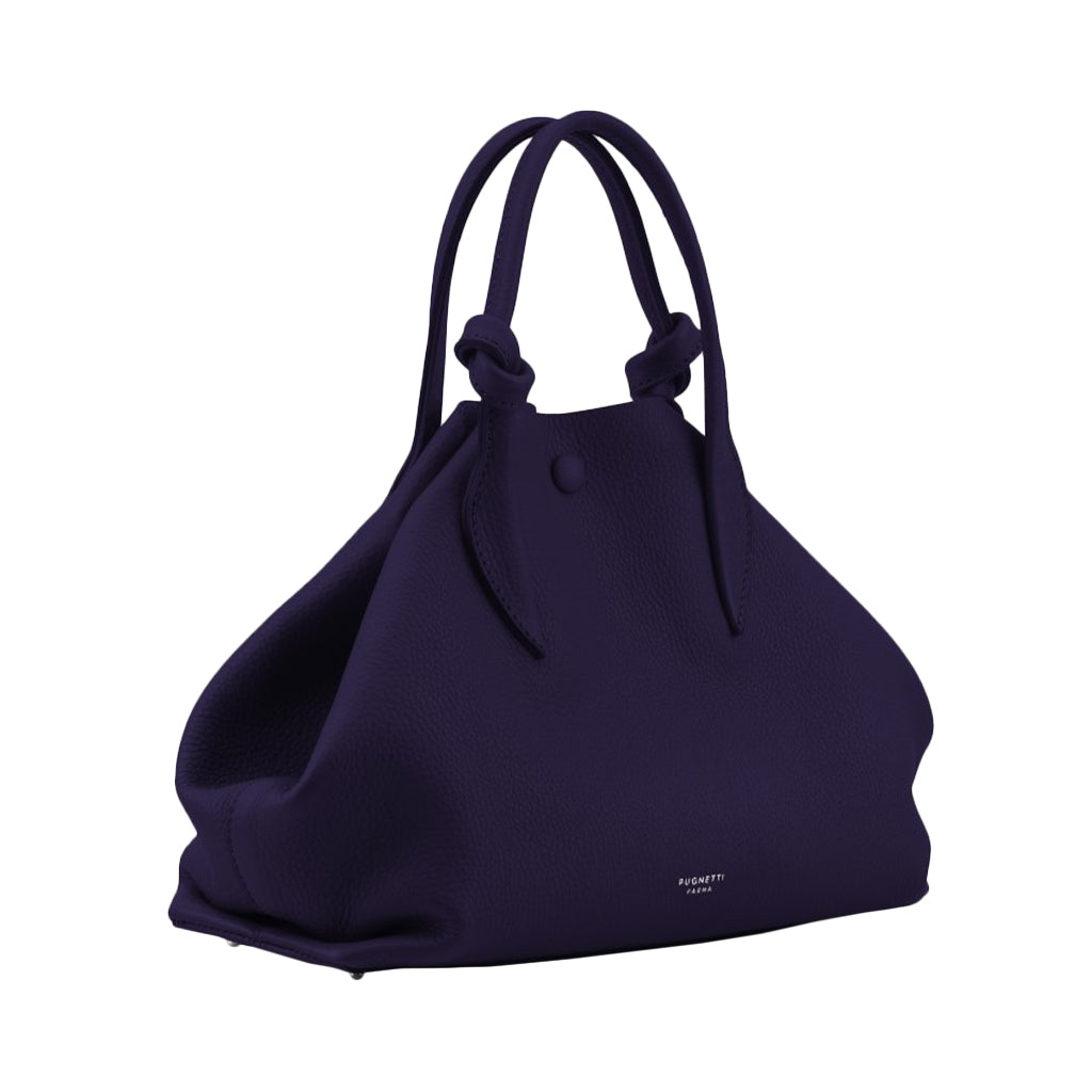Purple leather handbag with double handles and minimalist design