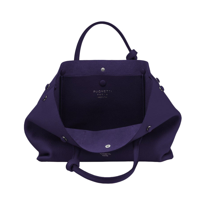 Open purple luxury handbag with visible interior branding