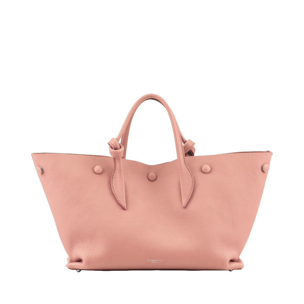 Pink leather tote bag with round handles and button details