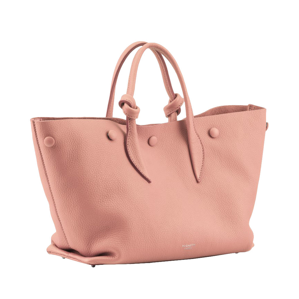 Pink leather handbag with knotted handles and button details