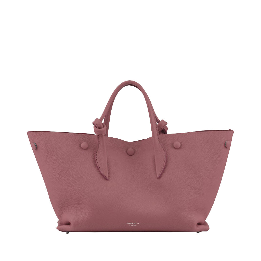 Pink leather handbag with top handles and button details