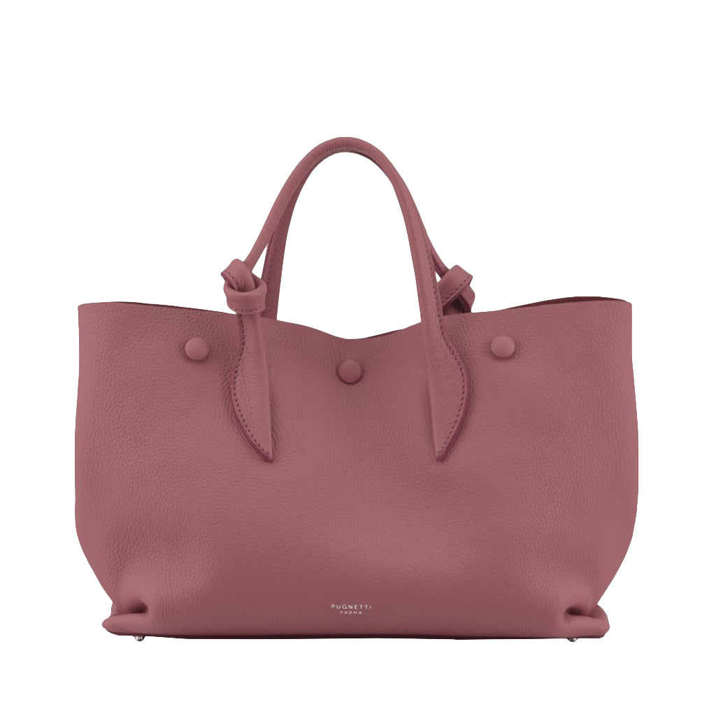 Pink leather tote bag with handles and button details