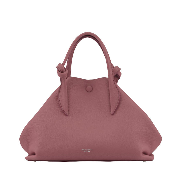 Pink leather handbag with top handles and a minimalist design