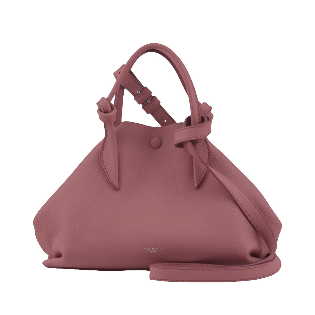Pink leather tote bag with knotted handles