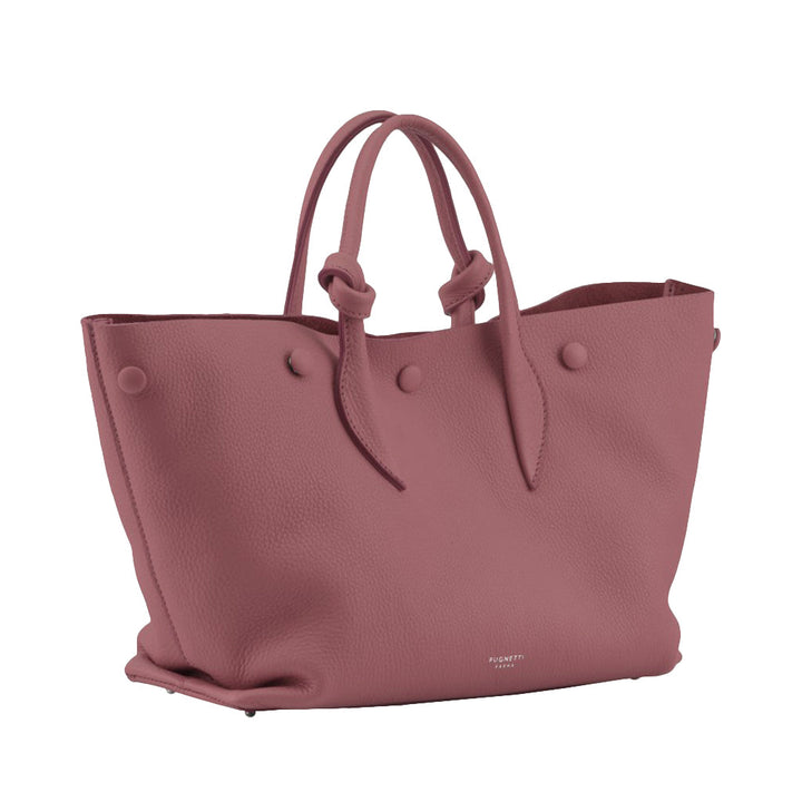 Dusty pink leather tote bag with knotted handles and button accents