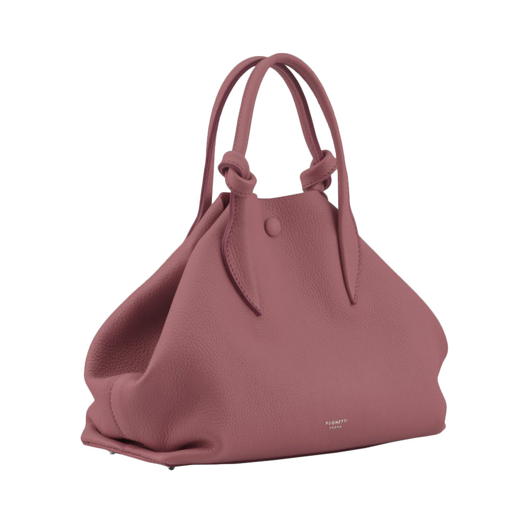 Pink leather handbag with double handles and minimalist design