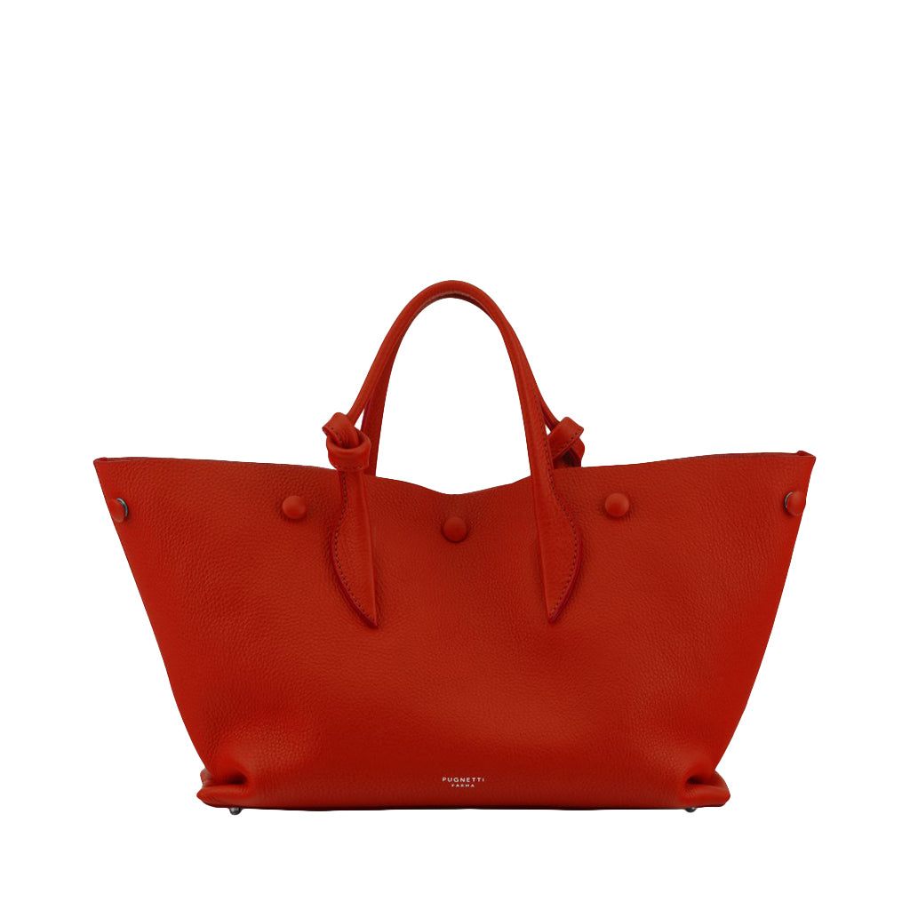 Red leather handbag with handles and button details