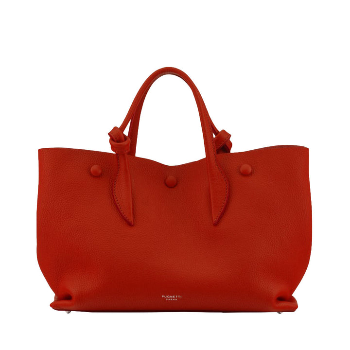 Red leather tote handbag with handles and button accents