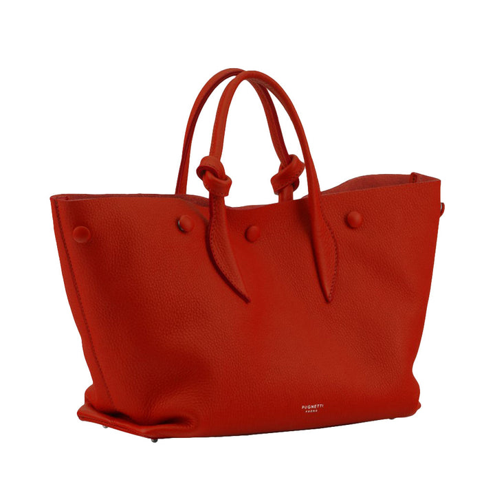 Bright red leather tote bag with double handles and minimalistic design