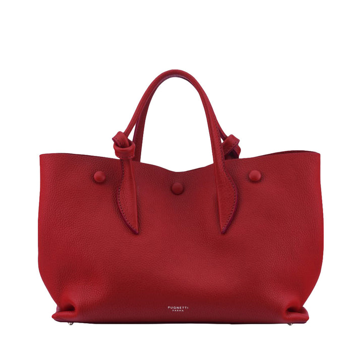 Elegant red leather handbag with top handles and soft texture