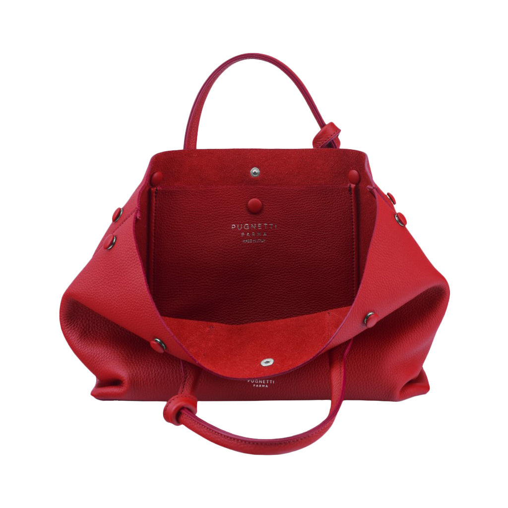 Red leather handbag with open flap and silver hardware
