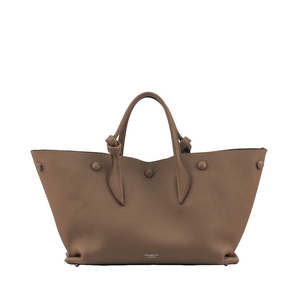 Brown leather tote bag with top handles and button details