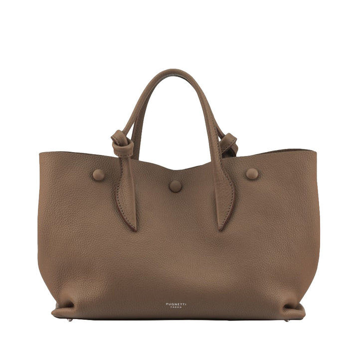 Elegant brown leather handbag with dual handles and subtle design accents