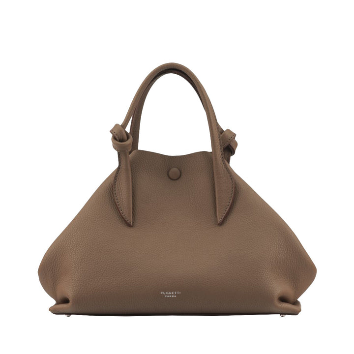Elegant brown leather handbag with knotted handles and minimalist design
