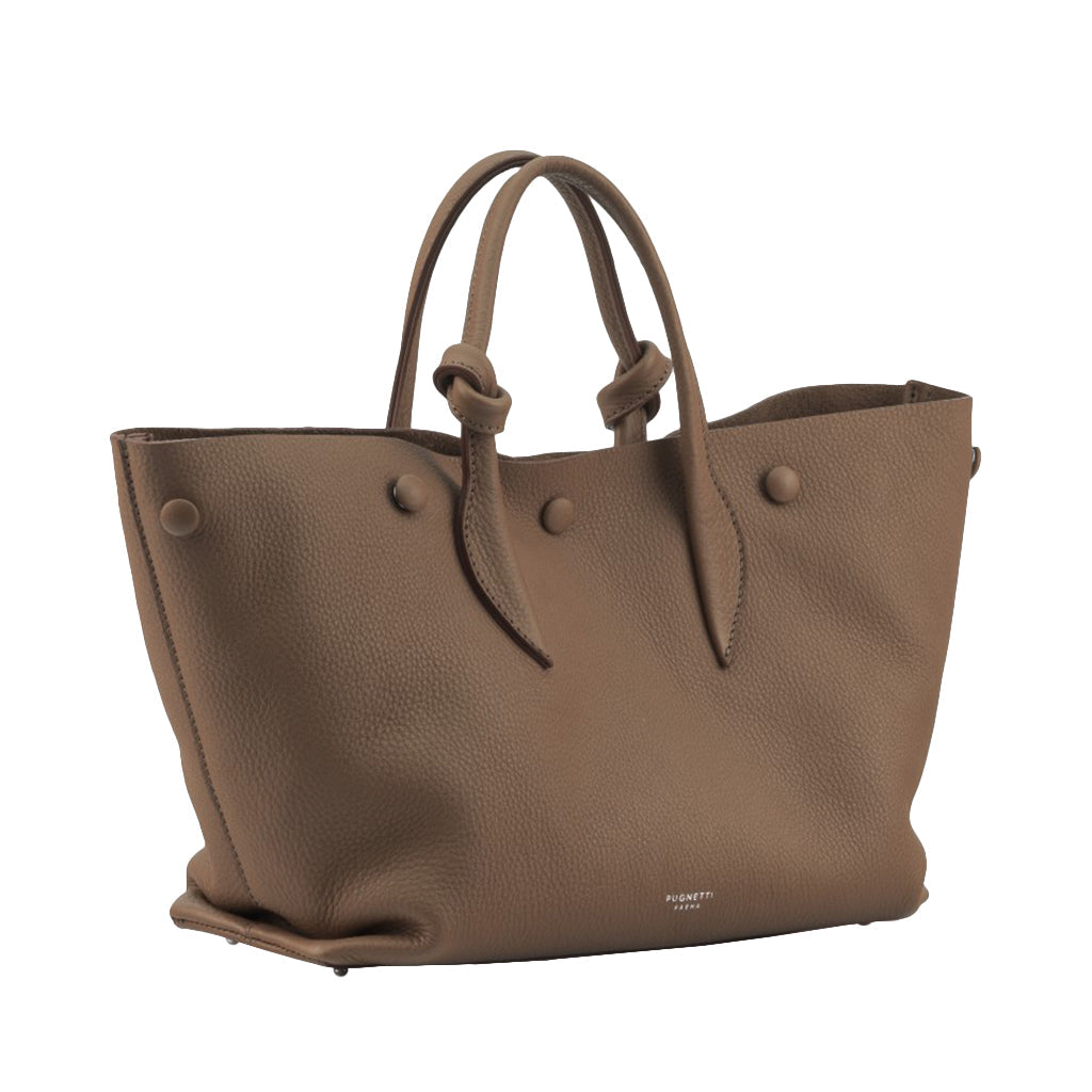 Brown leather handbag with handles and button details